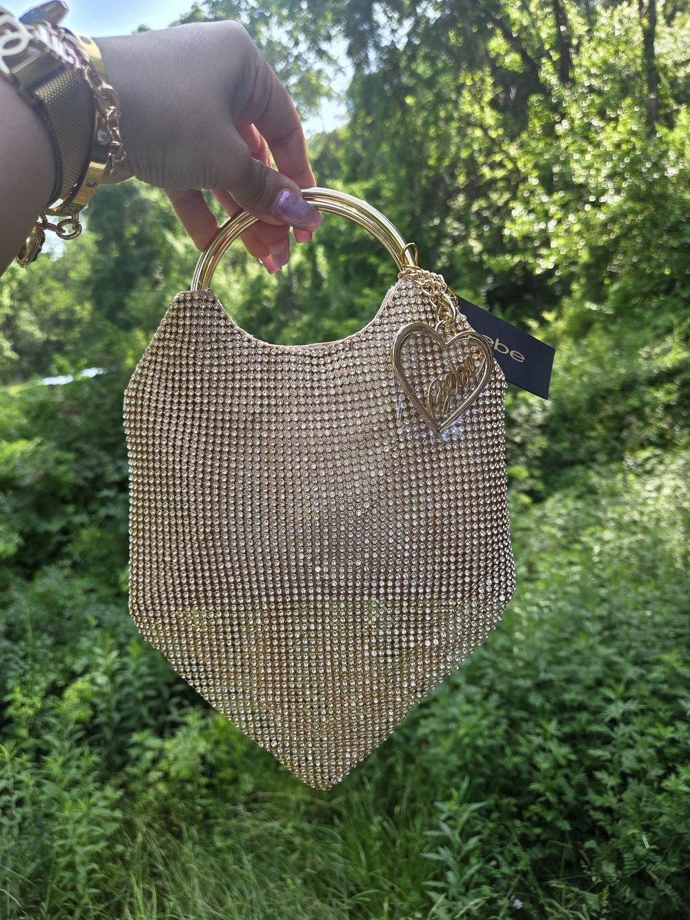 bebe Gold Crystal Mesh Top-Handle Clutch with Heart Charm